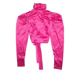 AKIRA Long Puffy Sleeve Mock Neck Satin Cropped Top Size M